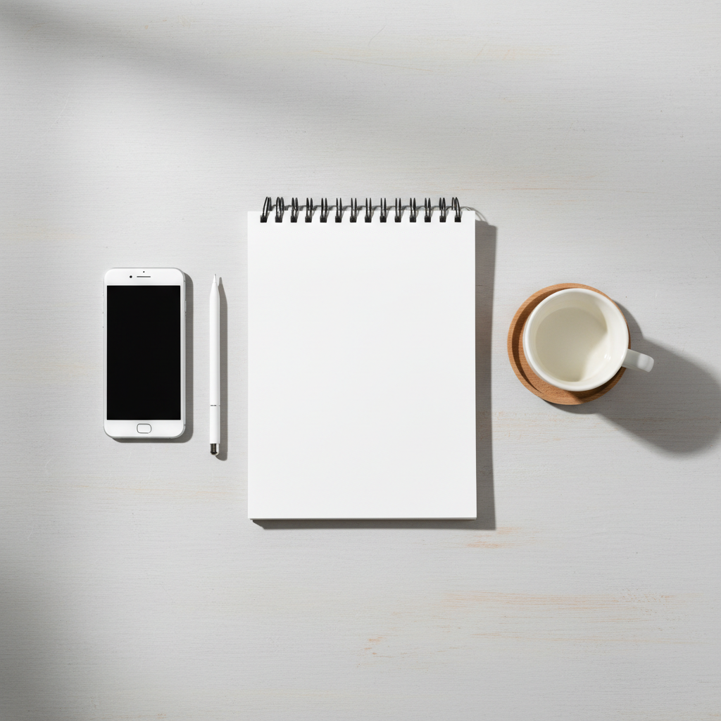 Minimalist overhead view of organized workspace with notepad, smartphone, stylus pen, and coffee cup