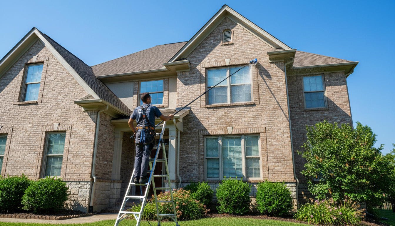 Telescopic poles allow for safe, ladder-free cleaning of even the most difficult-to-reach windows. Professional water-fed pole equipment reaching high residential windows as part of a modern cleaning system