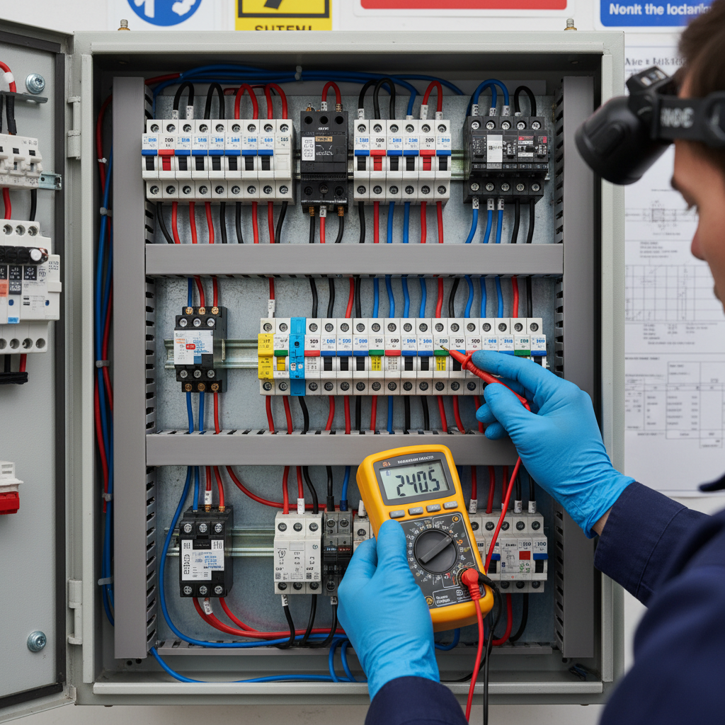 A inspeção periódica do quadro elétrico evita sobreaquecimentos e riscos de incêndio. Técnico especializado a realizar inspeção em quadro elétrico moderno com equipamentos de medição.