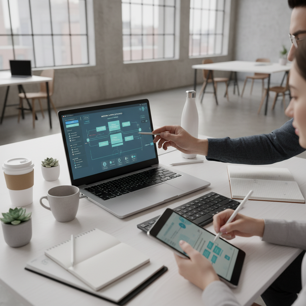 Mentor and student hands collaborating at laptop displaying AI training interface with data visualizations in modern training studio Mentor and student hands collaborating at laptop displaying AI training interface with data visualizations in modern training studio