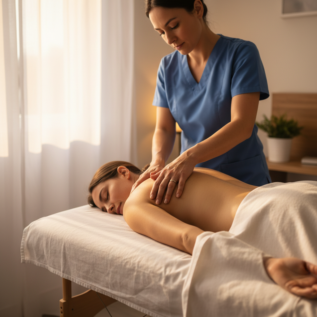 Massage therapist's hands performing therapeutic technique on relaxed client in home bedroom with natural sunlight Massage therapist's hands performing therapeutic technique on relaxed client in home bedroom with natural sunlight