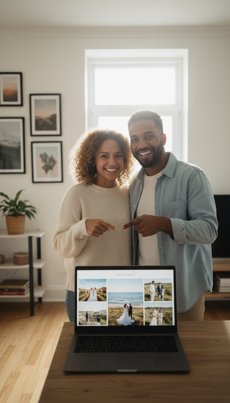 Diverse couple smiling together while viewing their romantic wedding memories displayed on laptop screen in bright living room