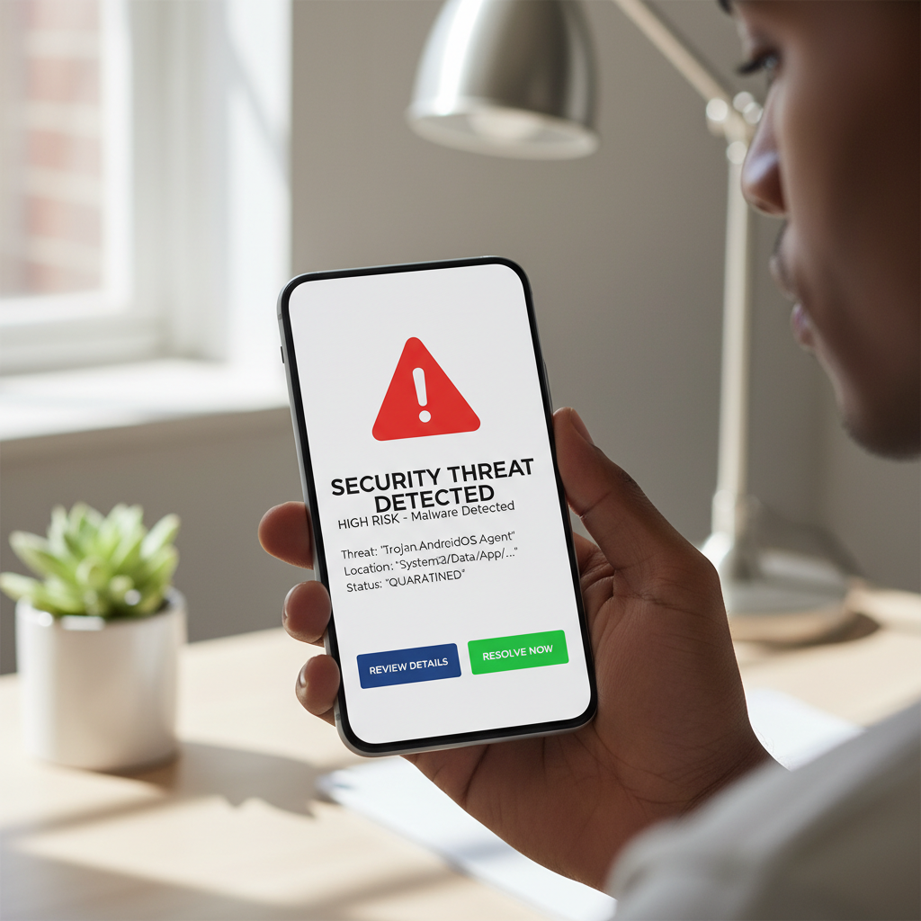 Phone screen showing a security threat alert after an AI scam attempt