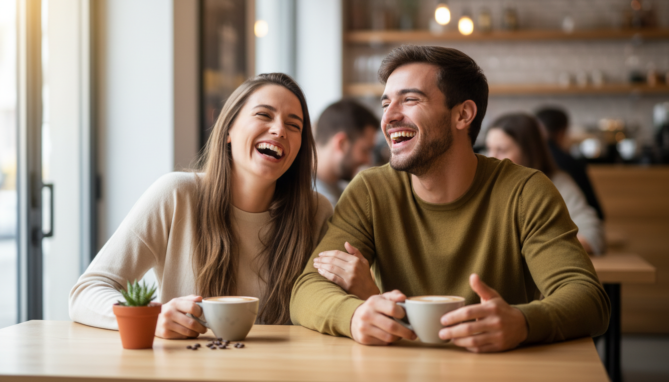 Two people smiling and laughing together over coffee at a bright, modern café table
