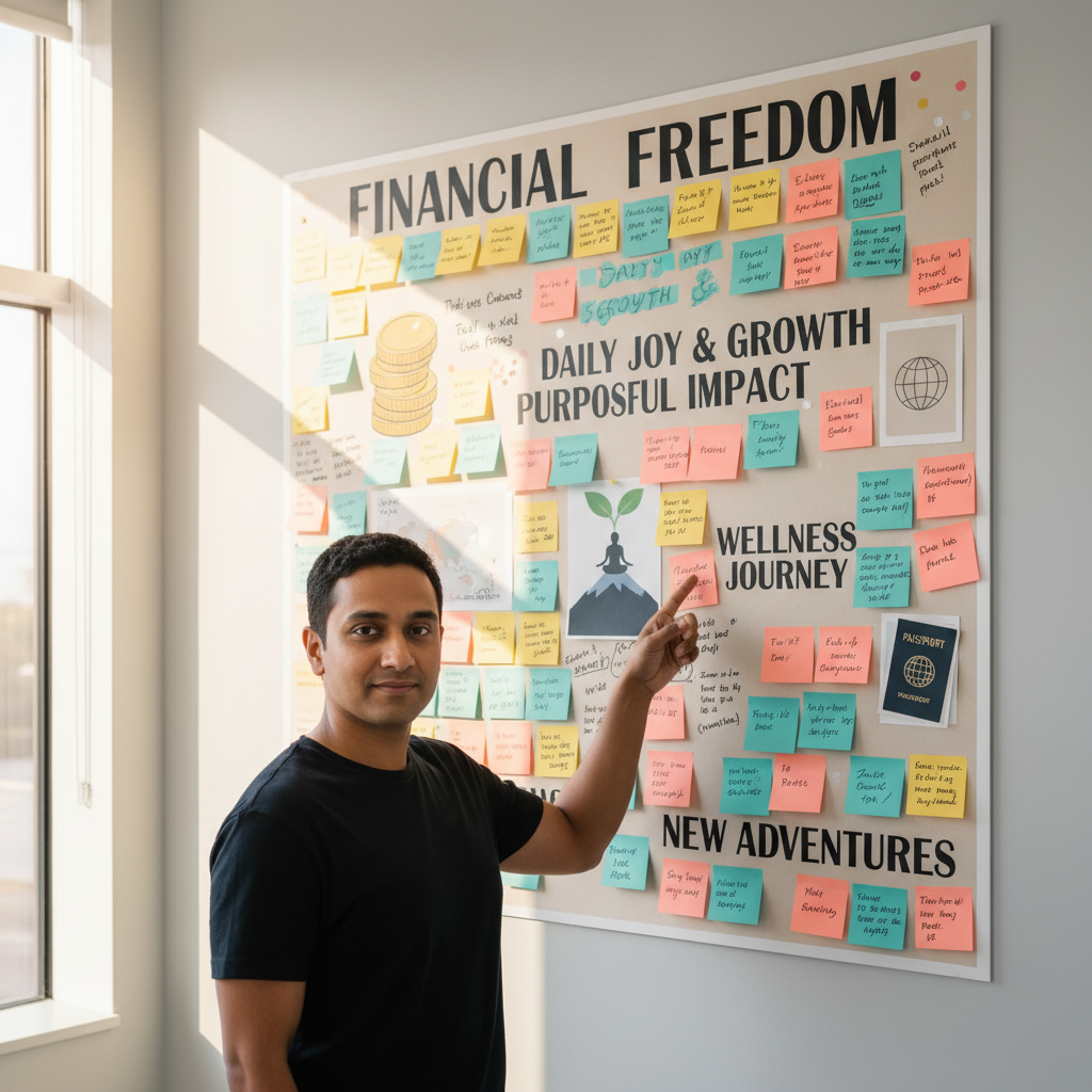 Confident individual standing in front of vision board with personal goals, affirmations, and aspirations displayed on wall
