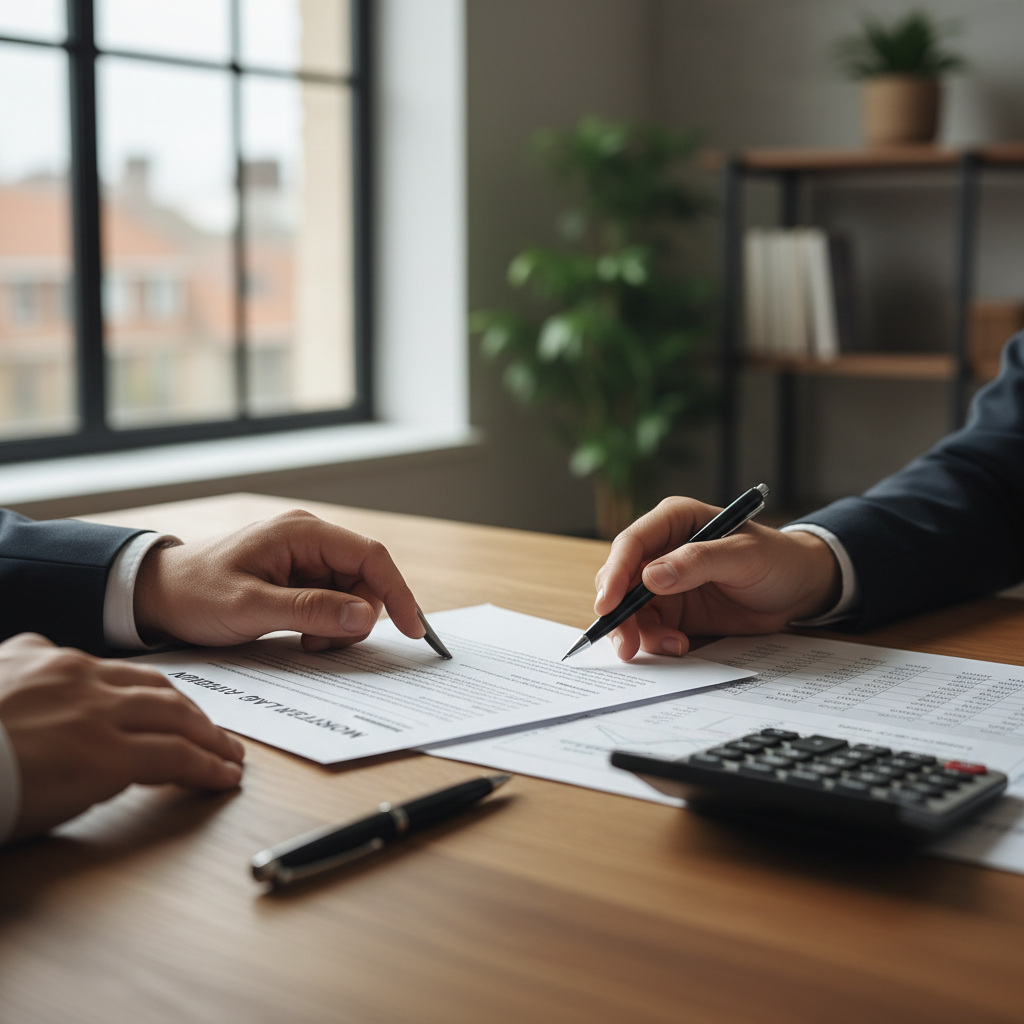 Mortgage broker's hands reviewing loan documents and financial paperwork on wooden desk with calculator and pen