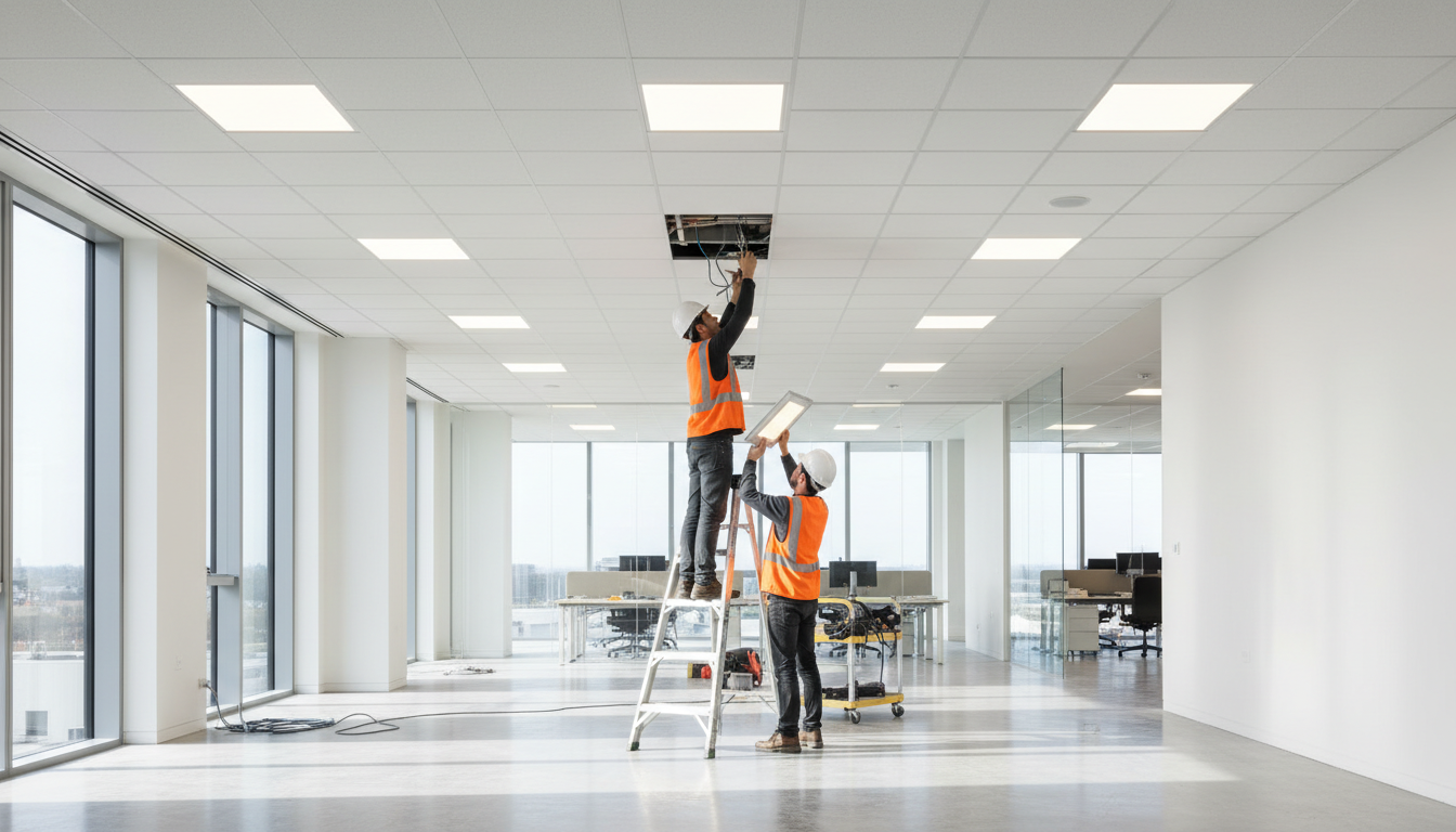 Two electricians installing recessed ceiling lights in modern commercial office building with natural daylight