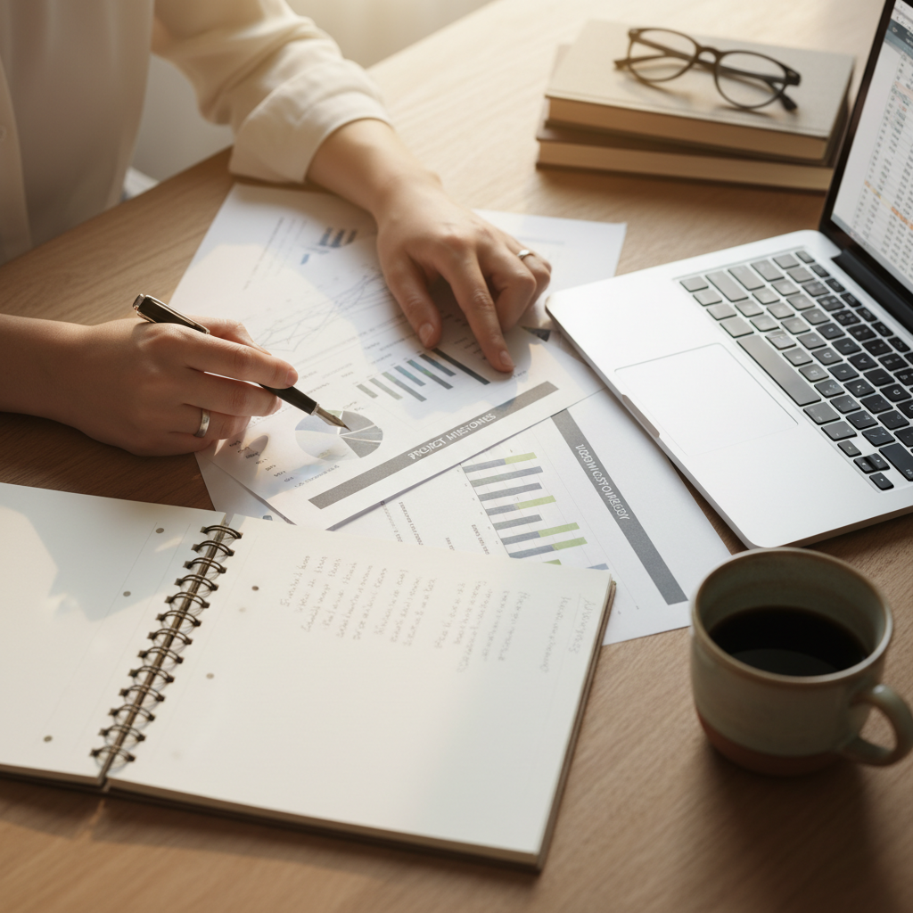 Successful leaders focus on strategy and support rather than doing the team's tactical work. Professional consultant reviewing documents at a modern wooden desk with warm lighting.