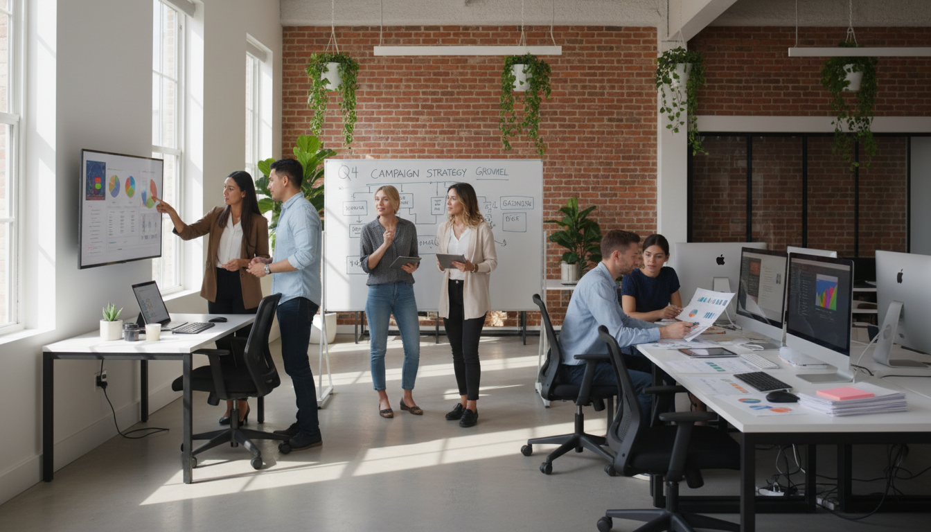 Digital marketing agency team collaborating at desks and whiteboard in modern open-plan office with natural light