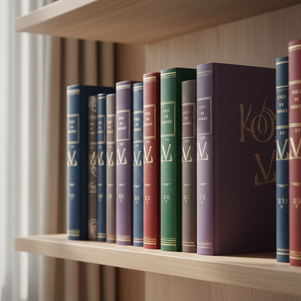 Carefully curated bookshelf displaying diverse literature collection with elegant spines and artistic typography in soft natural light