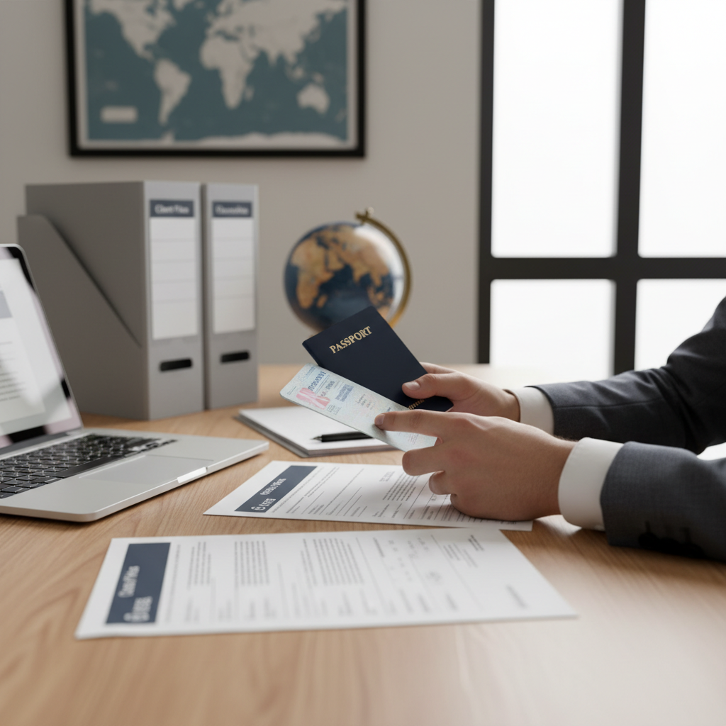 Immigration consultant's hands carefully reviewing passport and visa documents at professional desk with organized files Immigration consultant's hands carefully reviewing passport and visa documents at professional desk with organized files