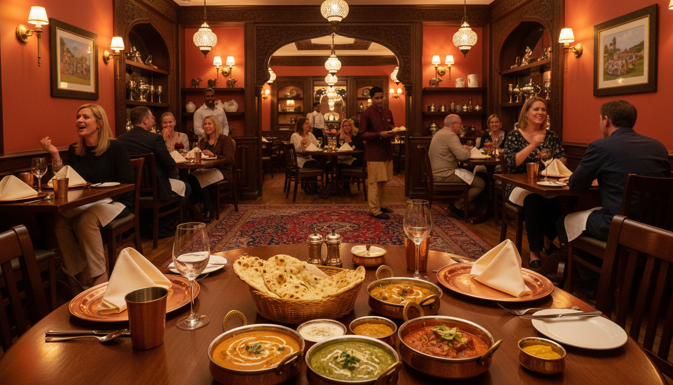 Warm, elegant Indian restaurant dining room with diverse guests enjoying meals under ambient golden lighting