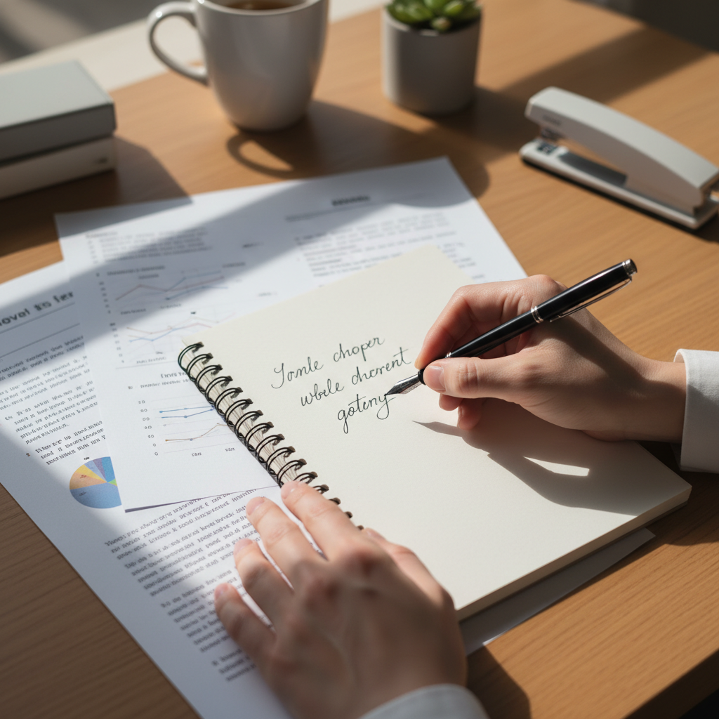 Close-up overhead view of hands reviewing documents and writing notes at professional workspace desk
