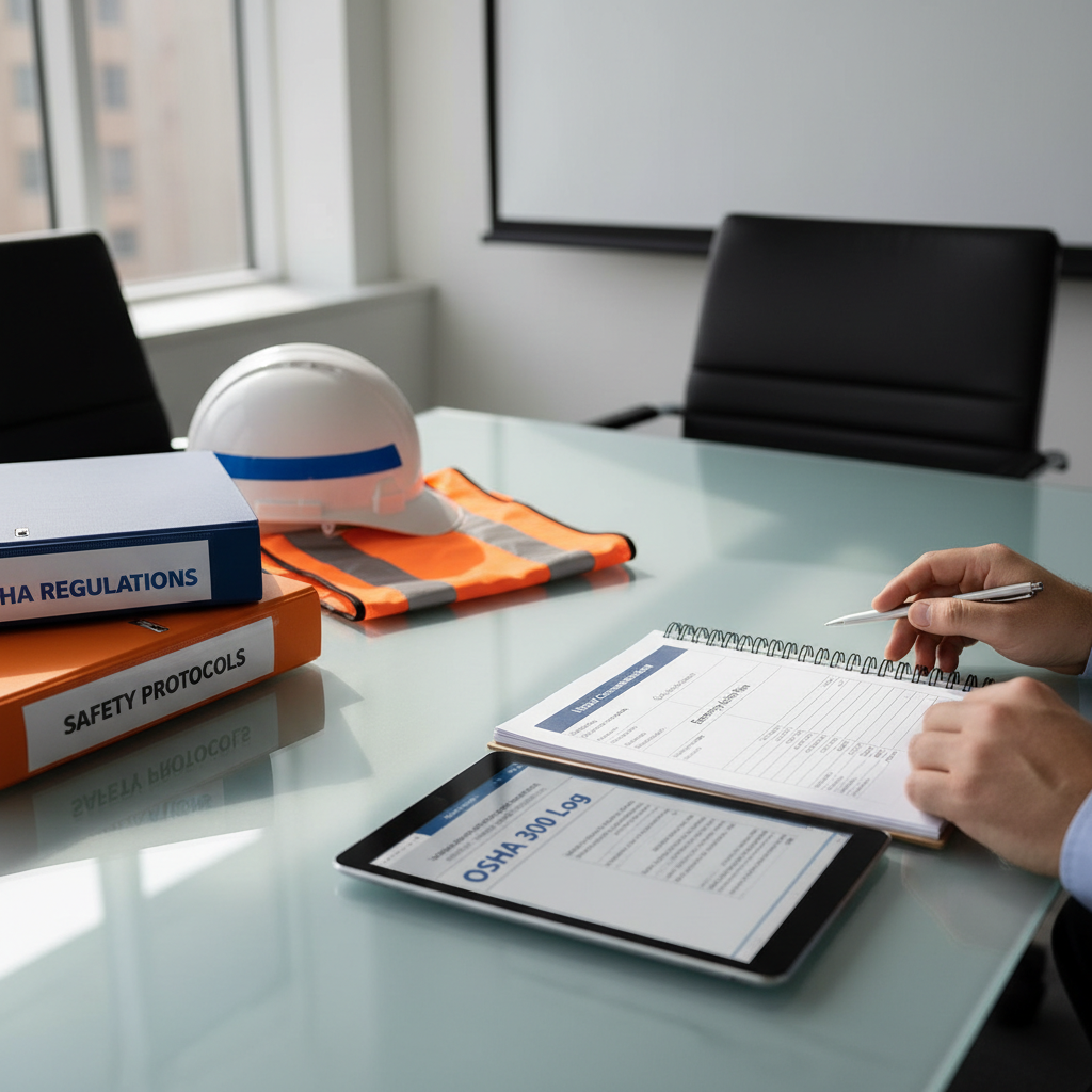 Consultant's hands reviewing safety compliance documents and checklist on conference table with regulatory materials nearby Consultant's hands reviewing safety compliance documents and checklist on conference table with regulatory materials nearby