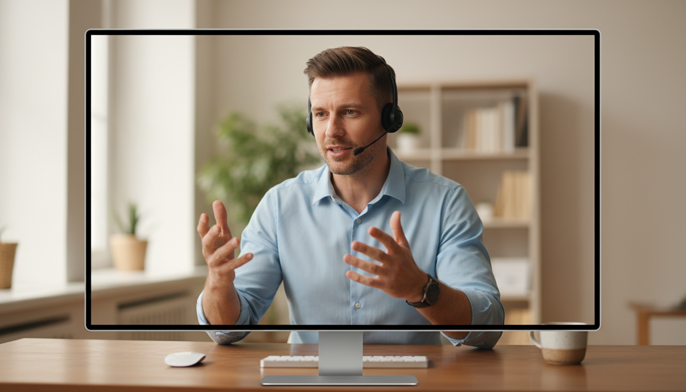Sales professional with expressive hand gestures during video call, professional desktop environment with natural lighting Sales professional with expressive hand gestures during video call, professional desktop environment with natural lighting