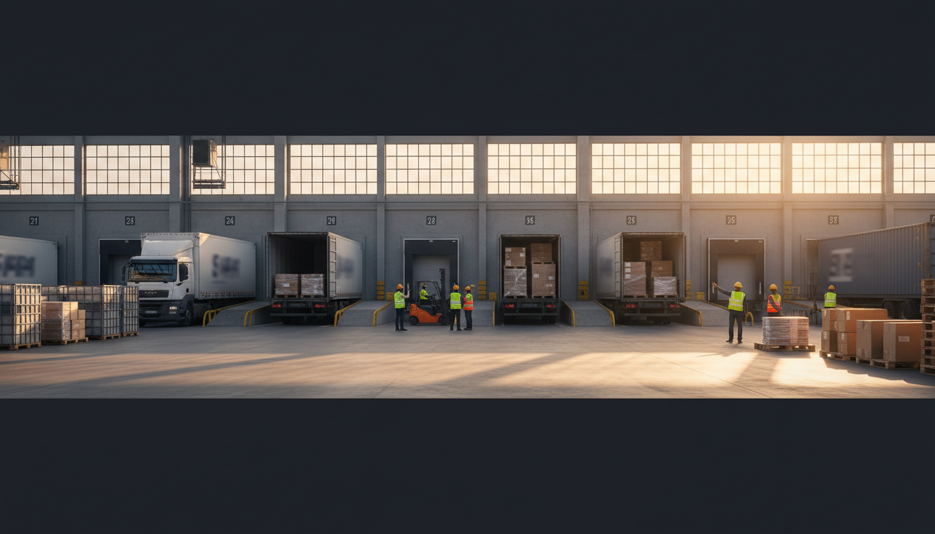 Modern logistics warehouse with multiple trucks at loading docks, workers in safety vests coordinating cargo movement and package handling operations Modern logistics warehouse with multiple trucks at loading docks, workers in safety vests coordinating cargo movement and package handling operations