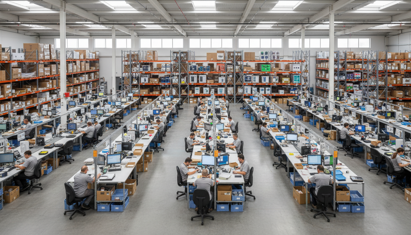 Warehouse workers processing orders at packaging stations in organized fulfillment center with shelved inventory and natural lighting.