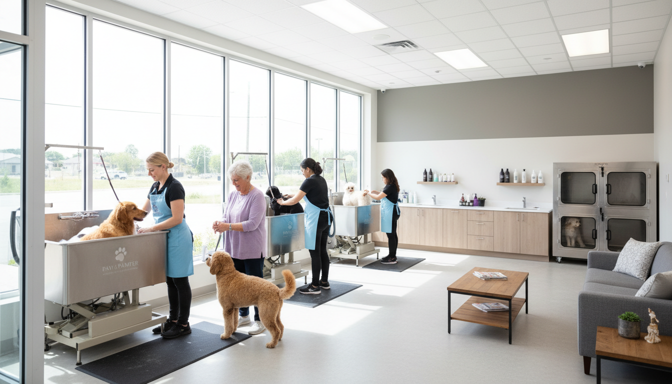 Bright modern grooming salon with multiple grooming stations, professional staff caring for different dogs, and pet owners in welcoming environment Bright modern grooming salon with multiple grooming stations, professional staff caring for different dogs, and pet owners in welcoming environment