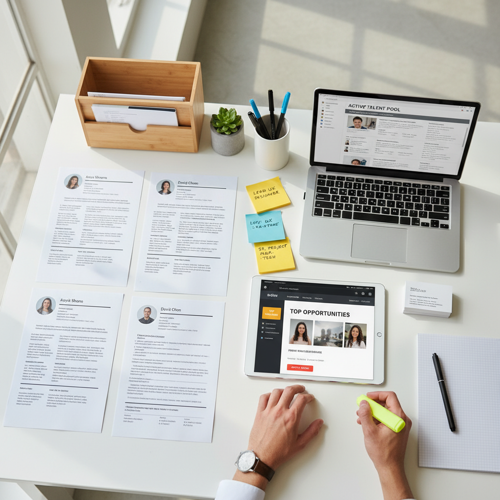 Organized recruitment workspace showing candidate profiles, resumes, and job listings on white desk