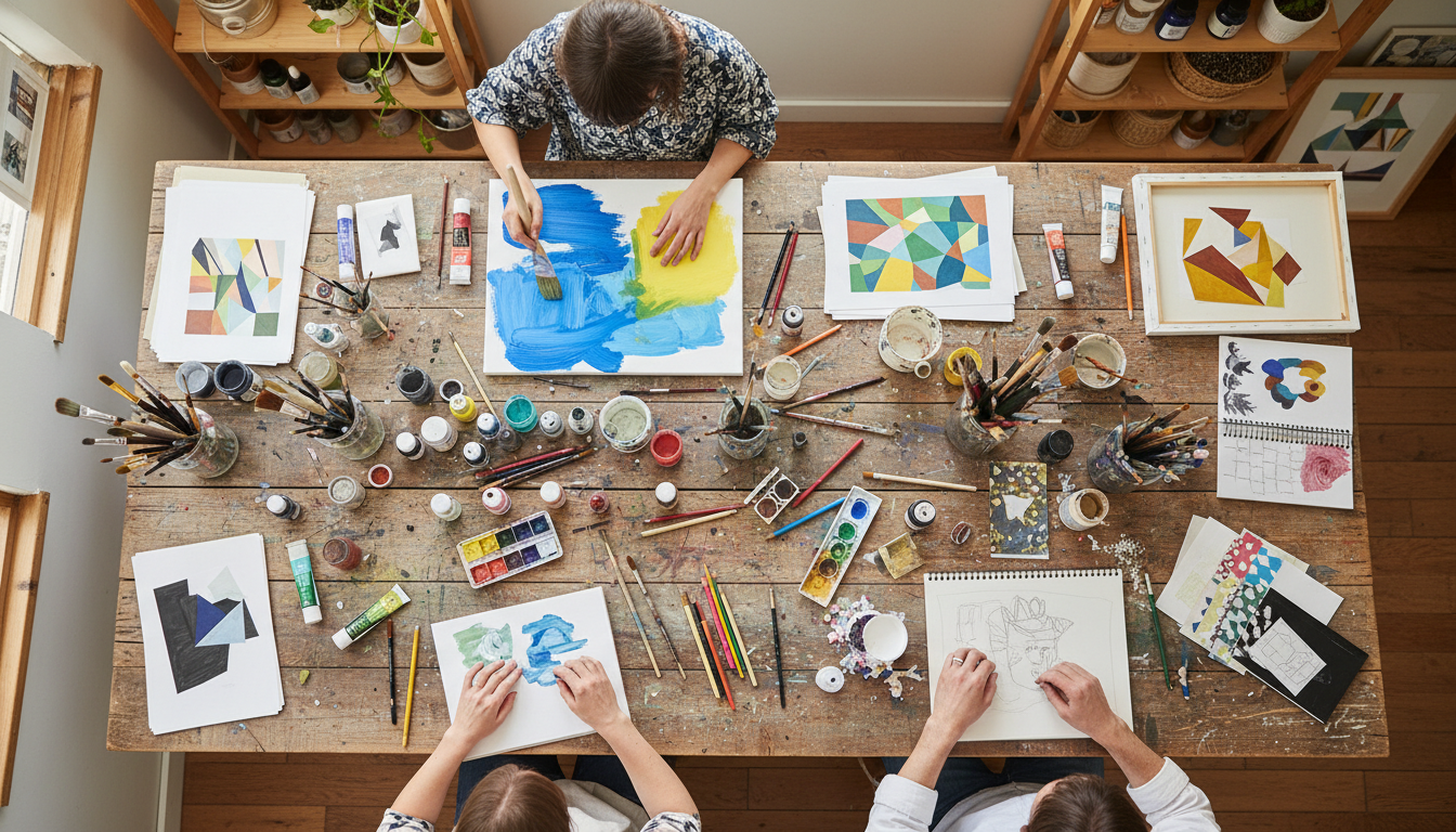 Overhead view of three participants creating artwork with paints and art supplies at wooden table