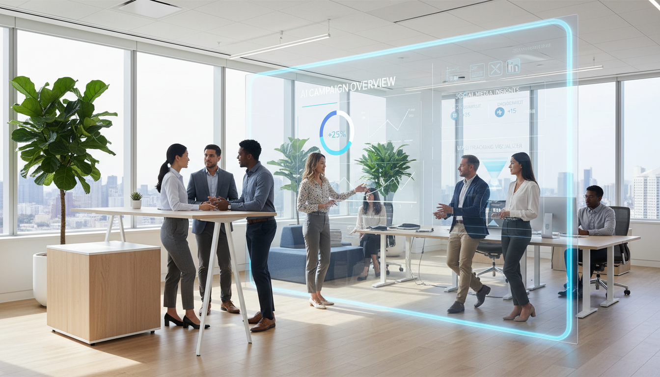 Professional consulting team reviewing AI automation analytics dashboard during collaborative workspace meeting