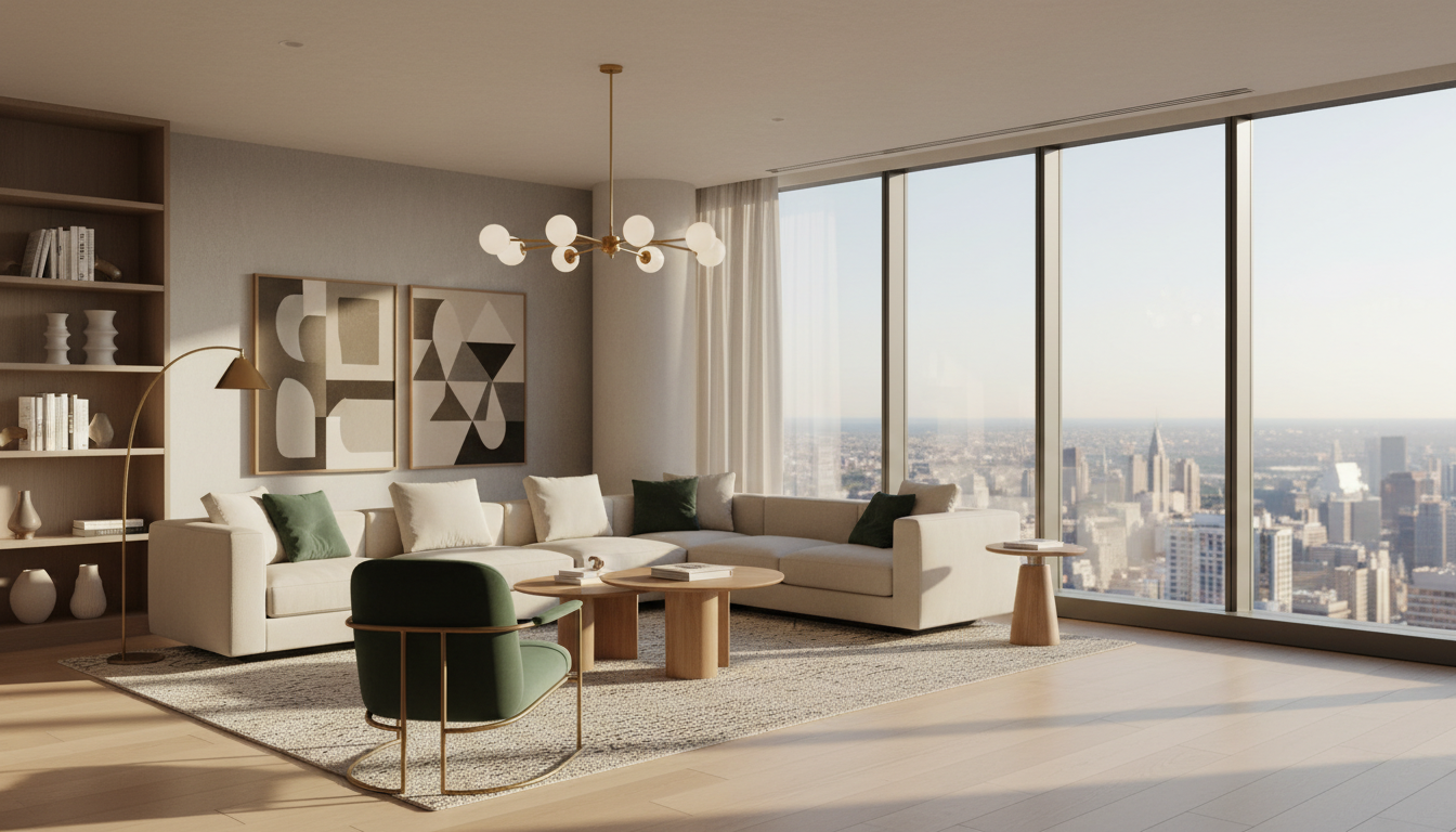 Luxury residential living room with modern furniture, floor-to-ceiling windows, and city views showcasing premium property features