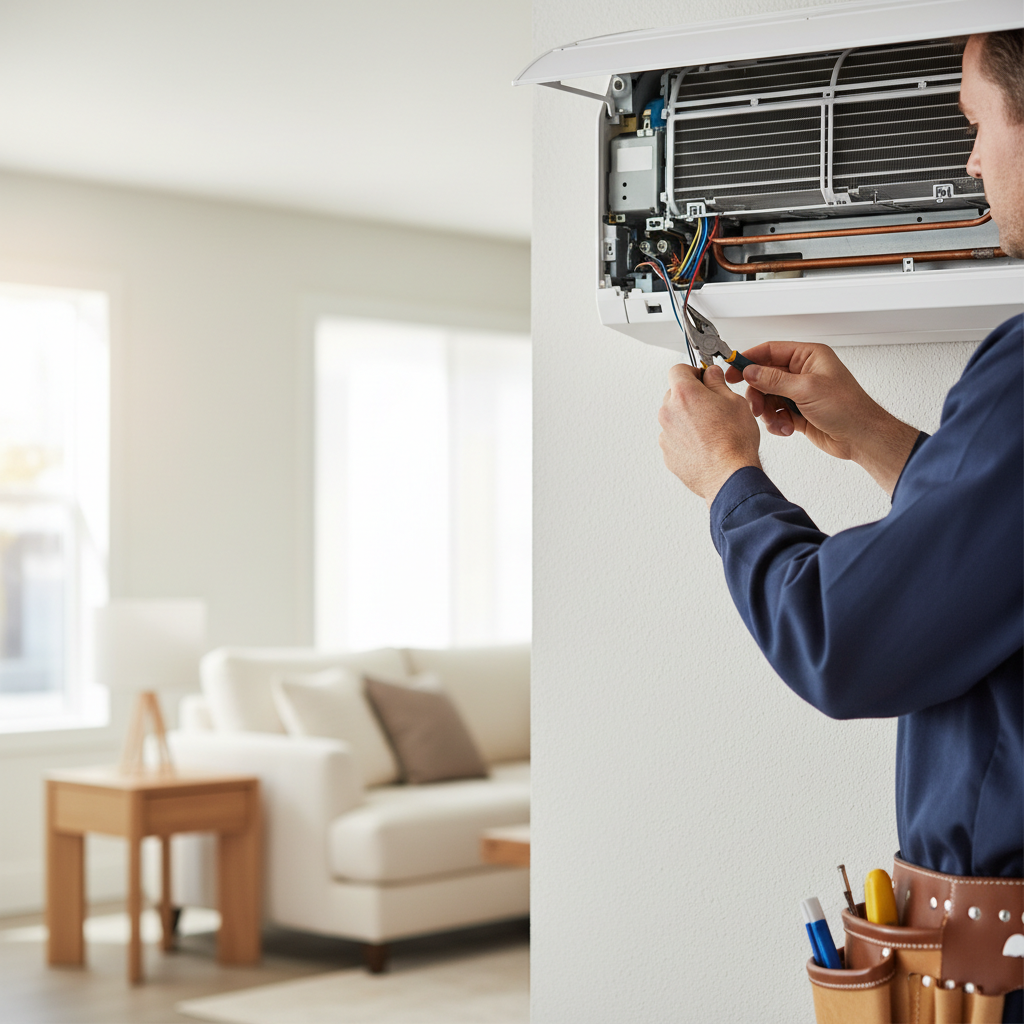 Quality repairs can extend the life of your unit if it is under ten years old. Professional HVAC technician using tools to repair an air conditioning unit inside a modern residential home.