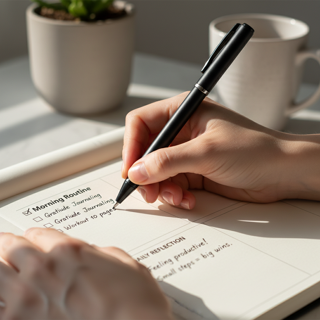 Extreme close-up of hands writing in daily planner, documenting habit completion with pen and structured tracker layout