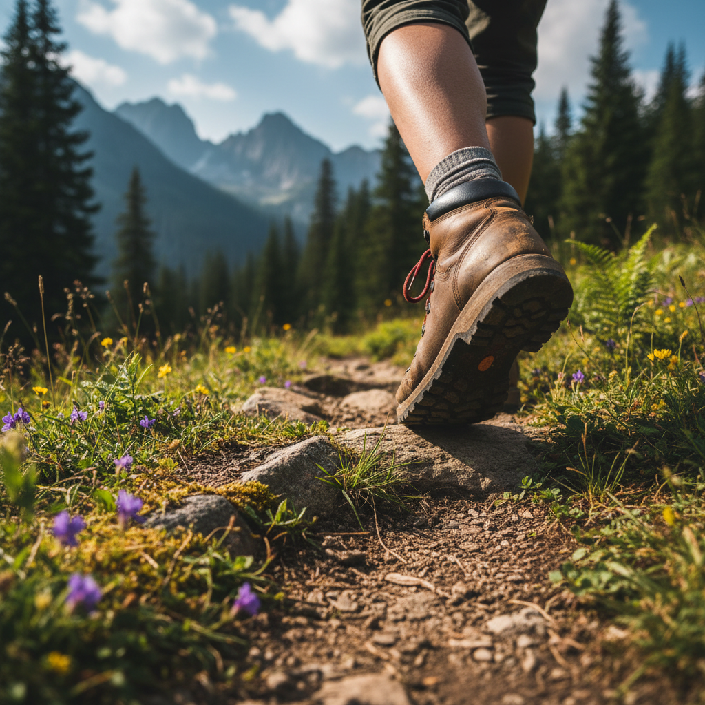 Hiker's boots stepping on rocky forest trail with wildflowers and distant mountains in soft focus Hiker's boots stepping on rocky forest trail with wildflowers and distant mountains in soft focus