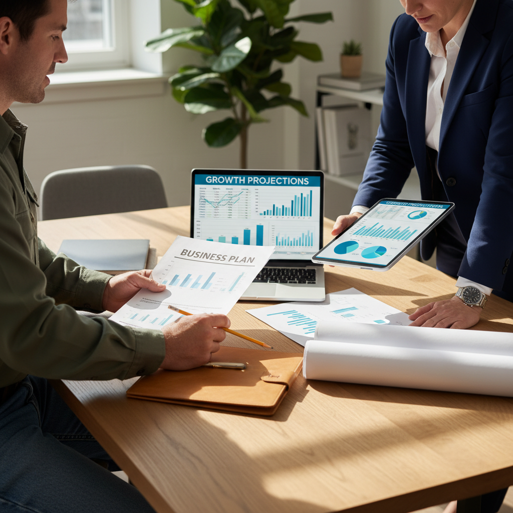 Tradesperson and consultant reviewing business plan documents at wooden table with laptop and blueprints Tradesperson and consultant reviewing business plan documents at wooden table with laptop and blueprints