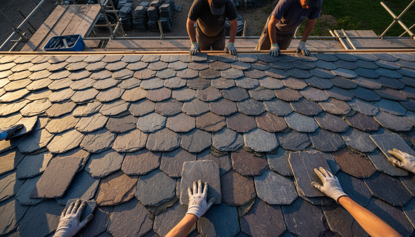 Overhead view of skilled roofers installing traditional slate tiles in geometric pattern on timber battens Overhead view of skilled roofers installing traditional slate tiles in geometric pattern on timber battens