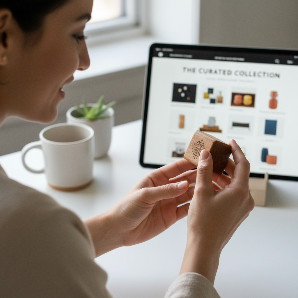 Customer hands examining a quality product while browsing digital marketplace on tablet with natural daylight Customer hands examining a quality product while browsing digital marketplace on tablet with natural daylight