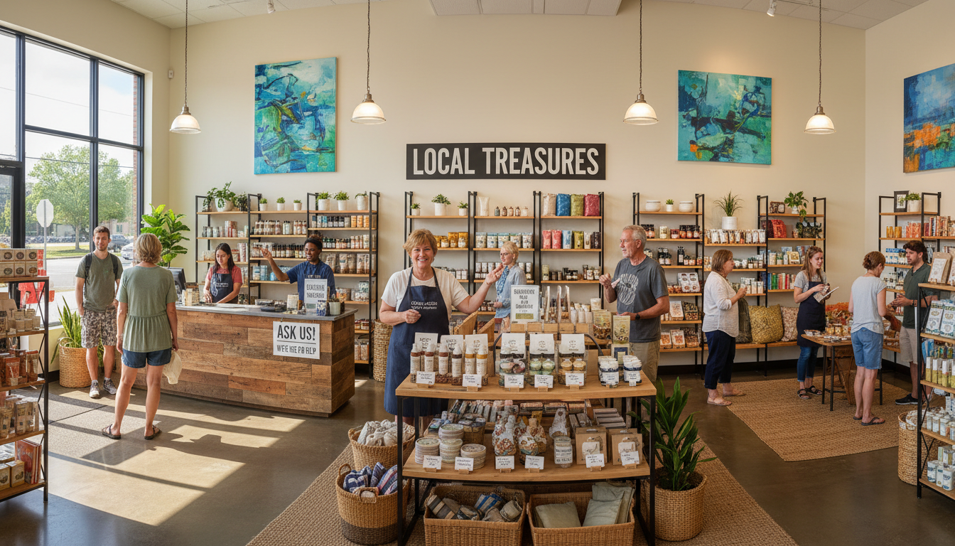 Diverse customers and staff in warm, welcoming local retail store with curated product displays and personalized recommendations