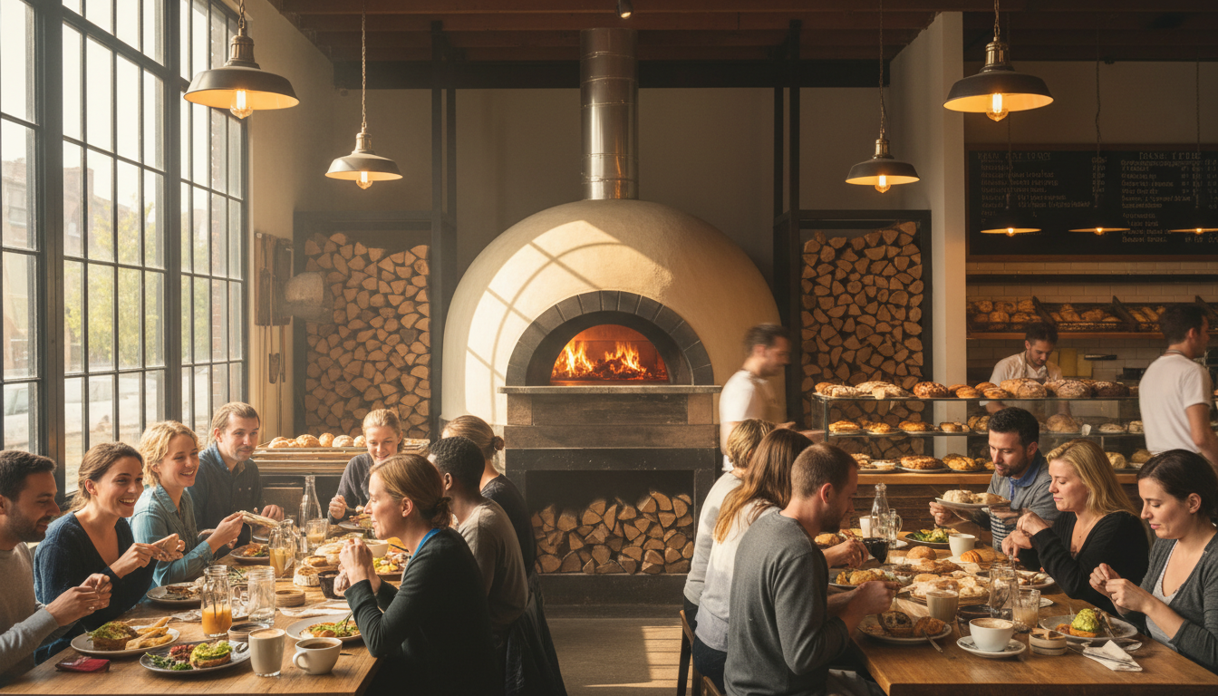 Wood-fired oven with glowing interior, customers dining at rustic wooden tables enjoying breakfast in warm, artisanal café setting with natural light