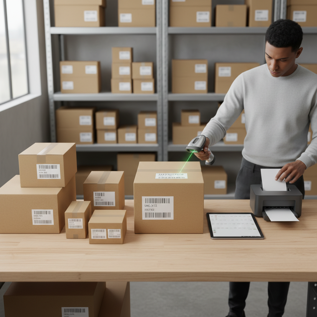 Warehouse worker scanning product barcode at organized fulfillment station with packaged goods and inventory equipment
