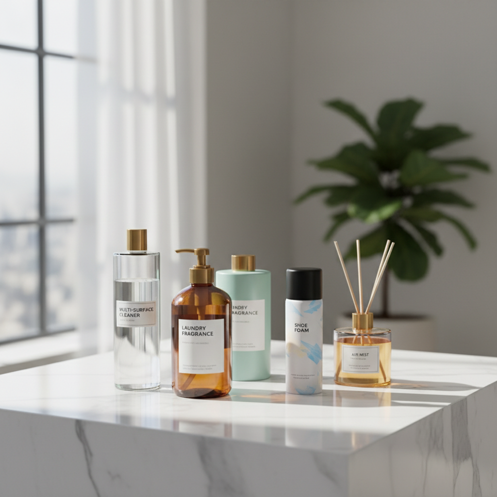 Assorted cleaning and fragrance products neatly arranged on white marble shelf with natural light highlighting various bottle shapes and textures