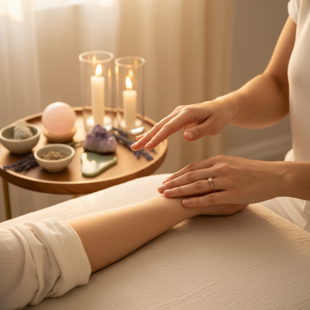 Close-up of consultant's hands performing gentle energy healing work with soft candlelight, crystals, and luxurious spa-like wellness environment.