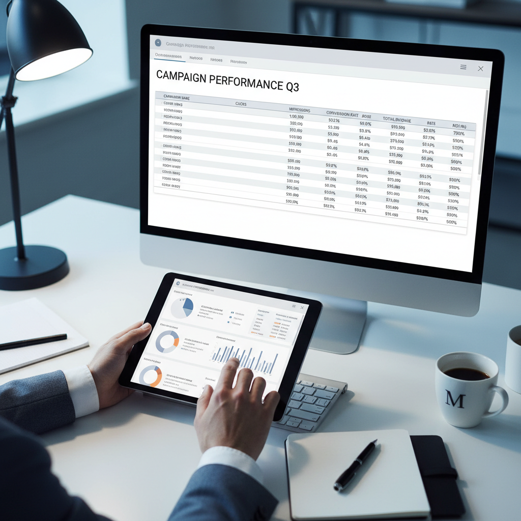 Close-up of analyst hands reviewing campaign performance metrics and analytics data on tablet and computer screen