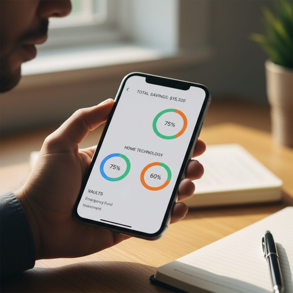 Hand holding smartphone displaying colorful savings goals dashboard with progress tracking on mobile banking app Hand holding smartphone displaying colorful savings goals dashboard with progress tracking on mobile banking app