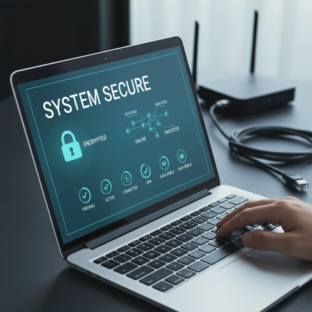 Laptop screen showing a secure VPN connection with encrypted, protected and connected status icons, representing how a VPN keeps browsing activity private Laptop screen showing a secure VPN connection with encrypted, protected and connected status icons, representing how a VPN keeps browsing activity private