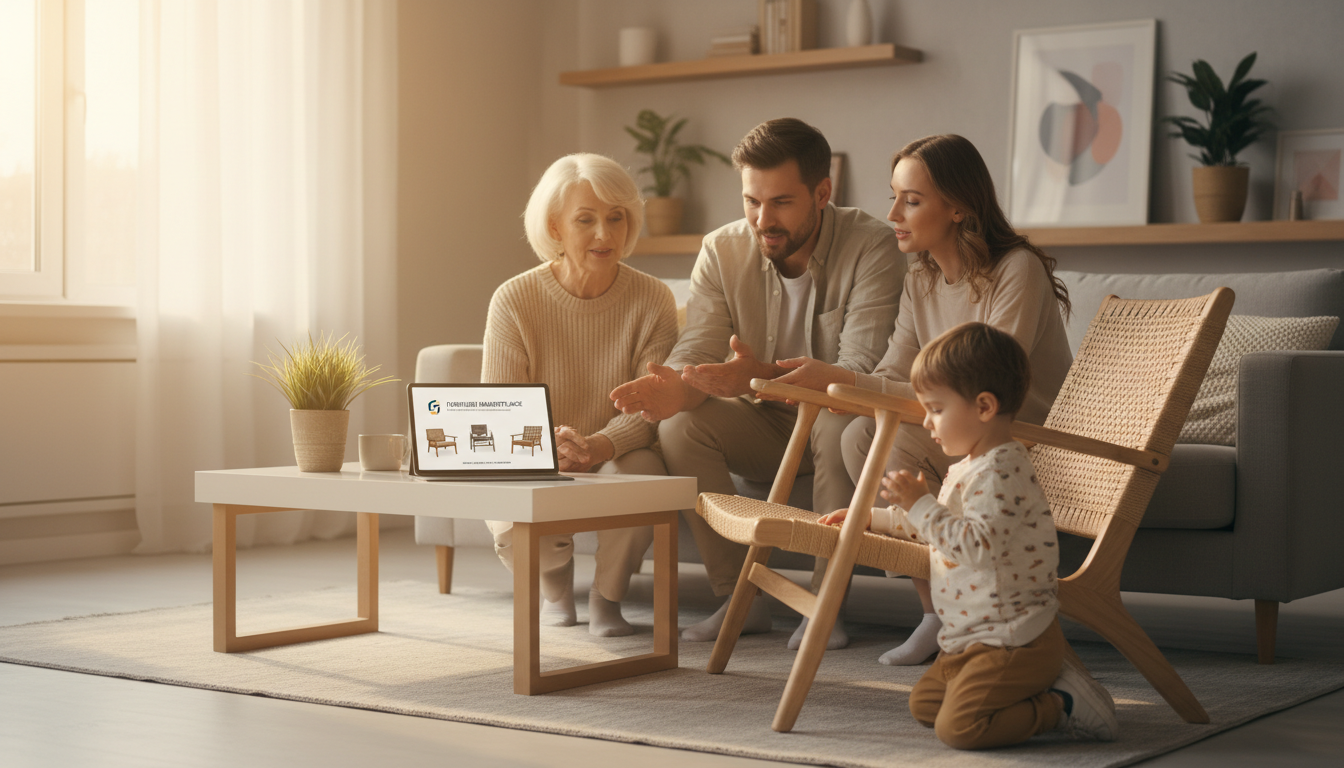 Multi-generational diverse family examining delivered furniture piece in bright home with warm natural window lighting
