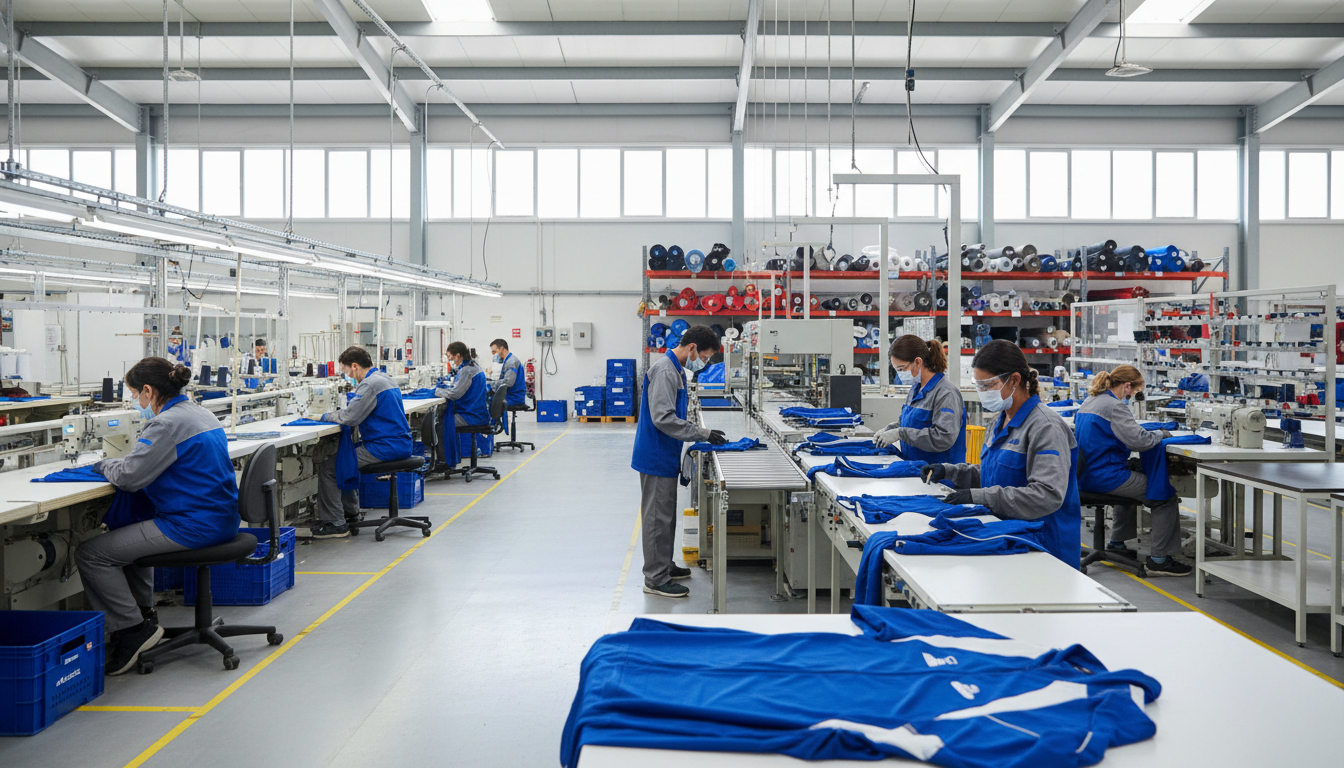 Modern manufacturing facility with skilled workers operating sewing machines on an organized production line creating quality athletic garments Modern manufacturing facility with skilled workers operating sewing machines on an organized production line creating quality athletic garments