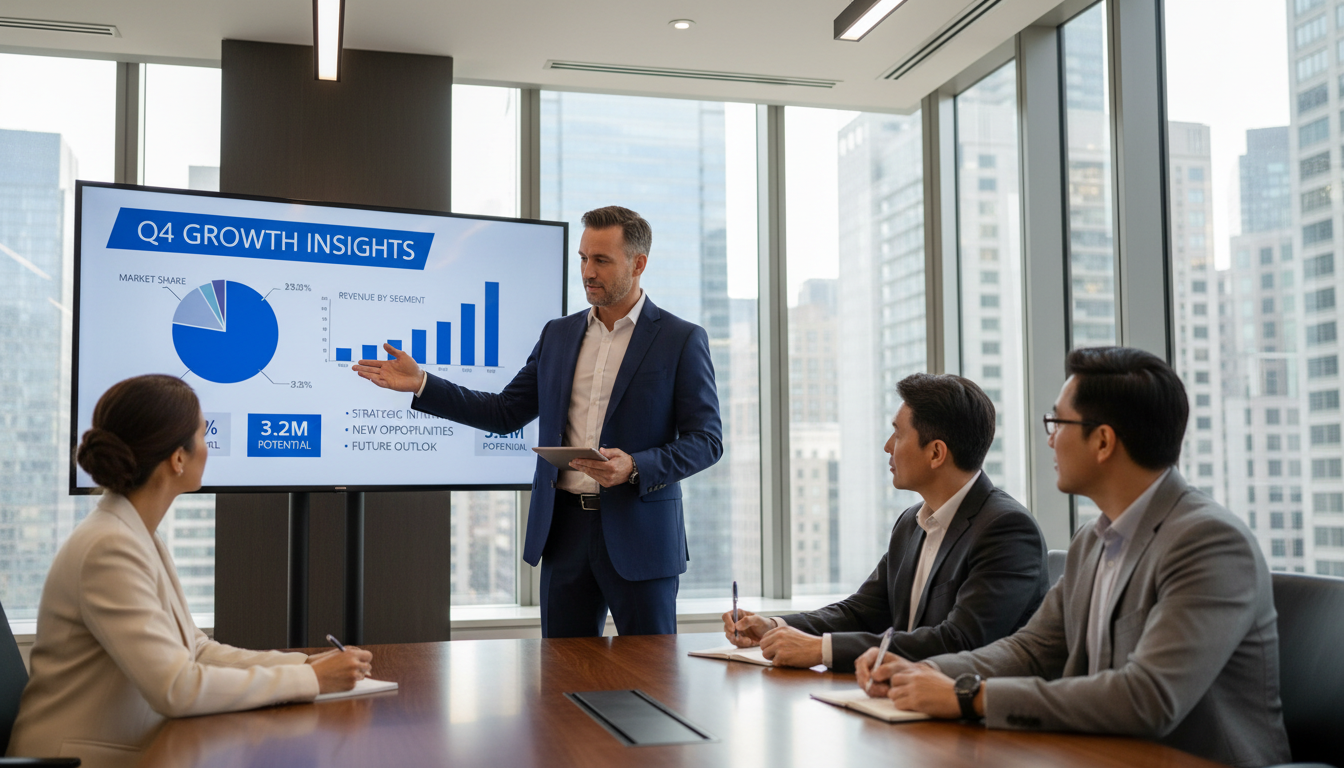 Management consultant presenting market analysis and performance data to attentive clients in modern boardroom with projection screen