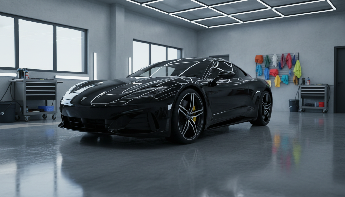 Ceramic coatings provide a mirror-like finish and years of protection, representing a premium detailing investment. A high-end car in a dark detailing bay with overhead lights reflecting off a ceramic-coated glossy finish.