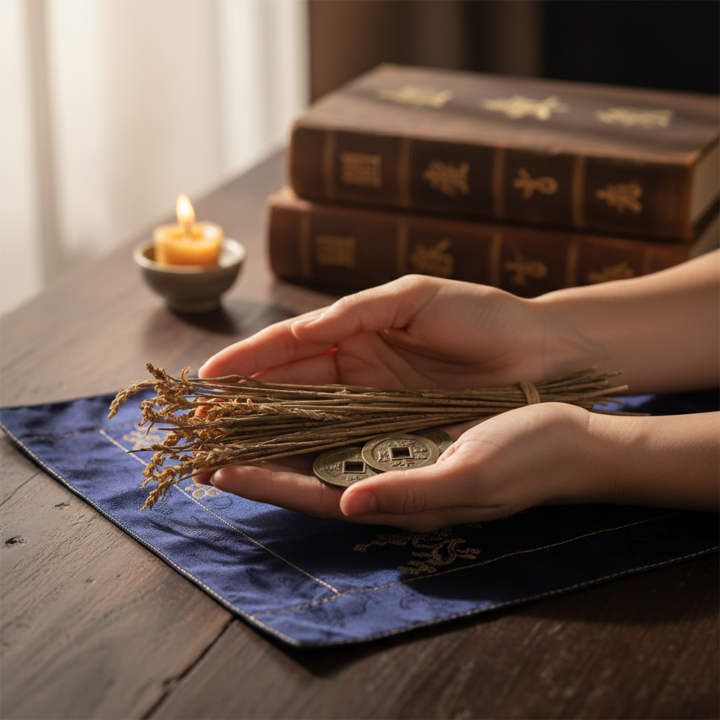 Consultant's hands holding divination coins over traditional cloth, candlelit wooden table with ancient texts