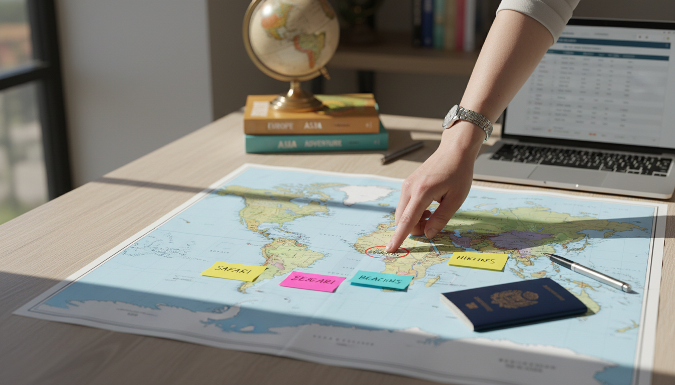 The Nusuk platform allows you to manage your entire spiritual journey from your laptop. A laptop and globe on a bright desk representing the digital process of booking Hajj online