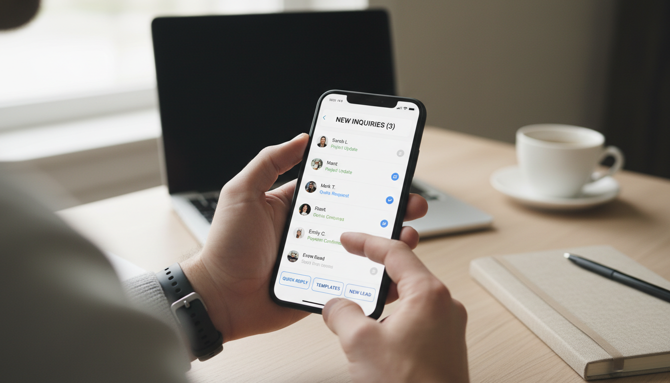Gathering authentic photos and stories is the most important step for a successful launch. A small business owner looking at a smartphone with satisfaction, representing the process of capturing and reviewing content.