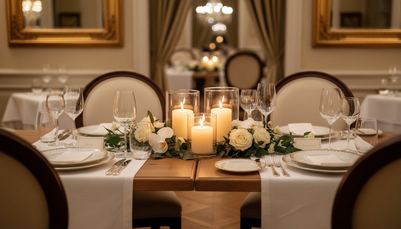 Intimate candlelit dining table for two with elegant place settings, fine china, and warm ambient lighting Intimate candlelit dining table for two with elegant place settings, fine china, and warm ambient lighting