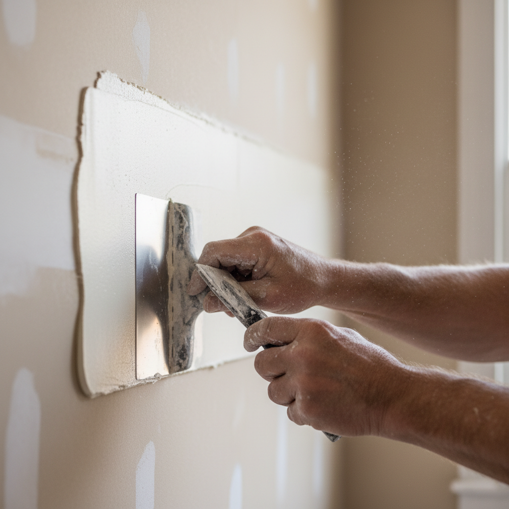 Dot and dab involves using adhesive to fix plasterboard directly to masonry surfaces. Close up of adhesive dabs applied to a wall before plasterboard installation