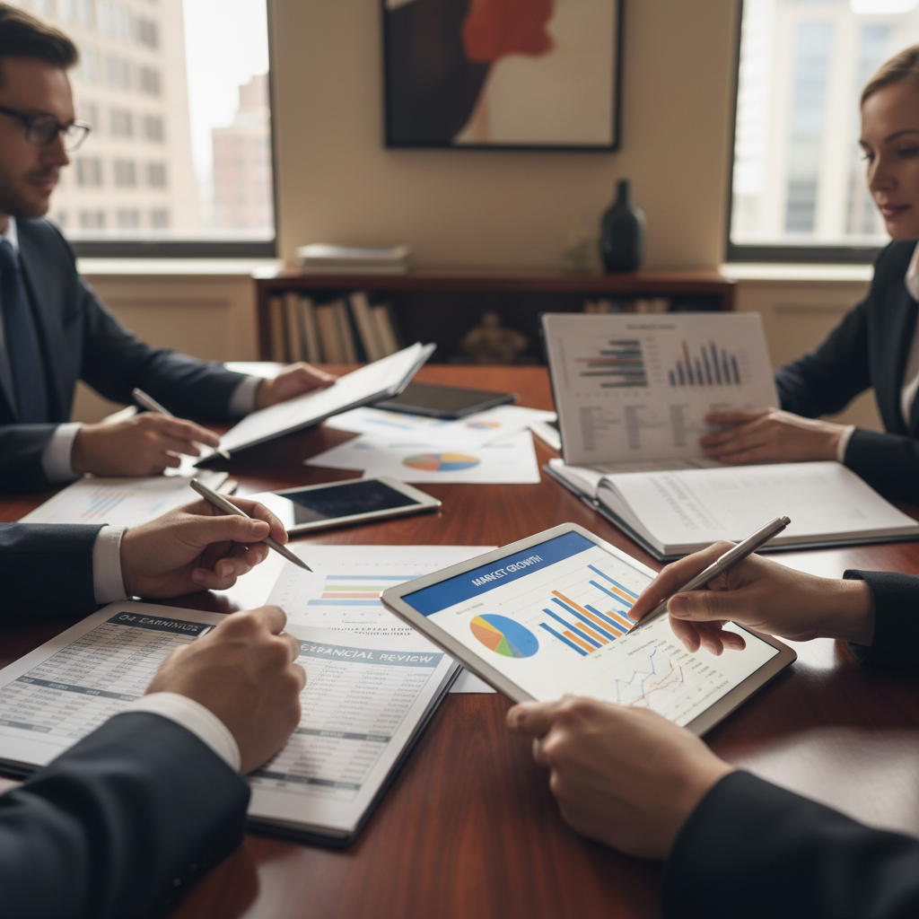 Diverse hands reviewing financial documents, spreadsheets, and tablets together at a wooden conference table Diverse hands reviewing financial documents, spreadsheets, and tablets together at a wooden conference table